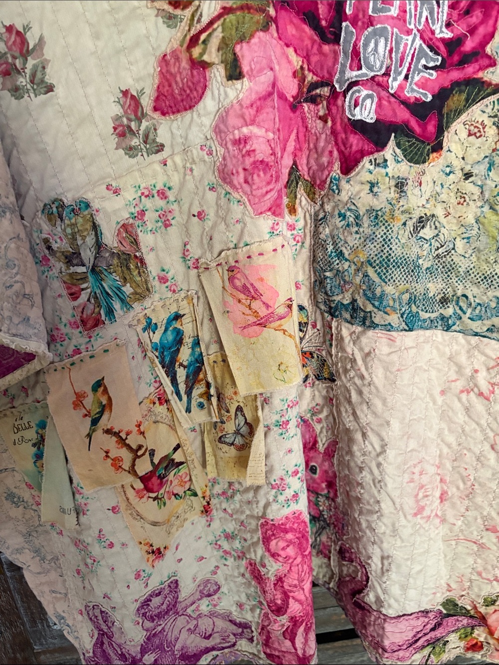 Magnolia Pearl Cream Patchwork Poncho with Pink, Teal & Purple Accents - Picture 10 of 12